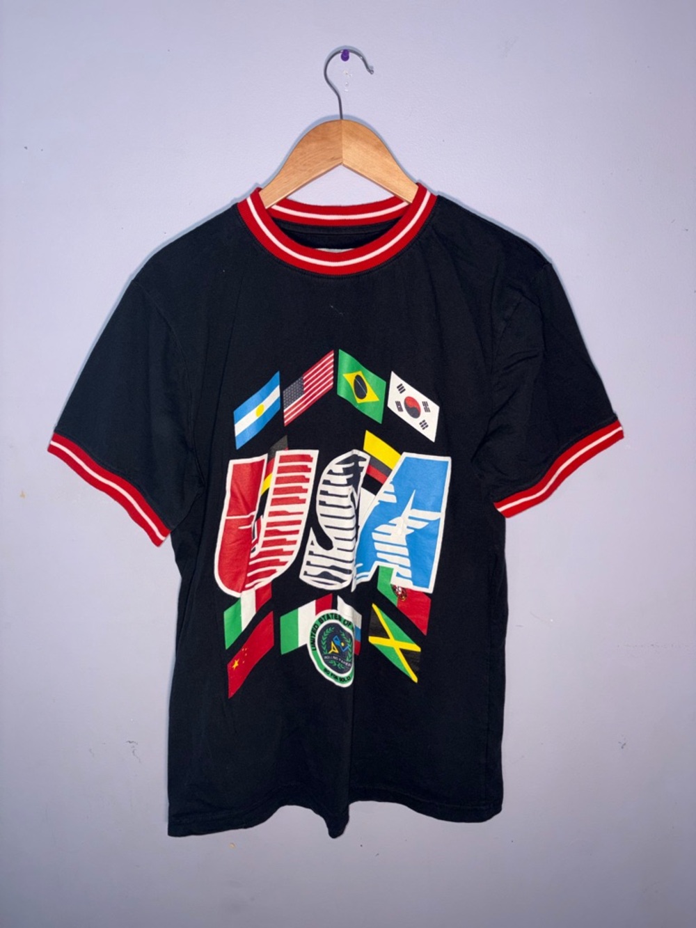 Black Short Sleeve Graphic Tee with Red Trim - Flag Print